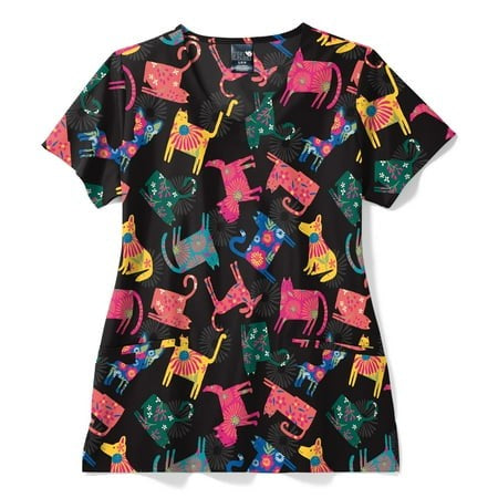 Zoe & Chloe V-Neck Border Print Scrub Top