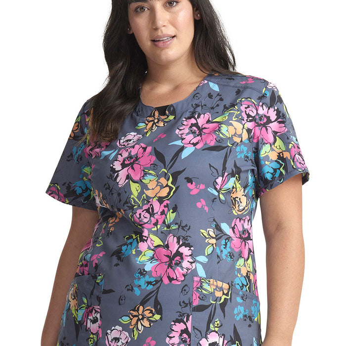 Infinity Women's Electric Blossoms Round Neck Print Scrub Top - Electric Blossoms