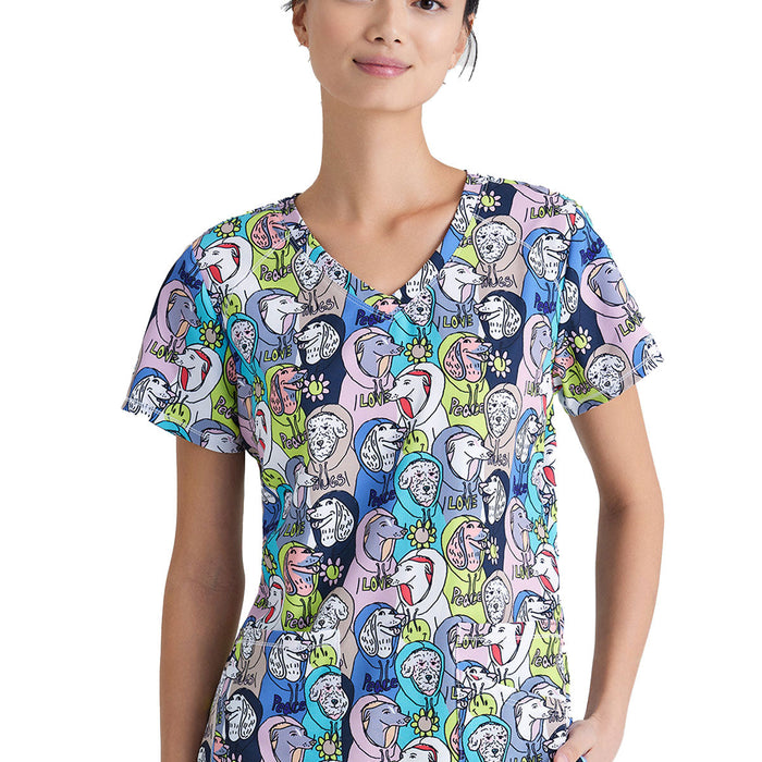 Skechers by Barco Women's V-Neck Scrub Top with Animal Print - Dogs In The Hood