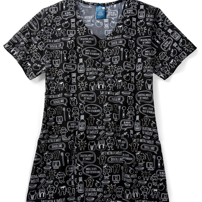 Zoe & Chloe Women's V-Neck Print Scrub Top - Miles Of Smiles