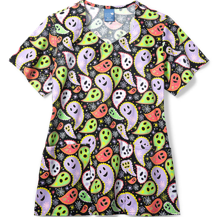 Zoe & Chloe Women's Diamond Neck Print Scrub Top - Dia de Los Paisley - Dia De Los Paisley