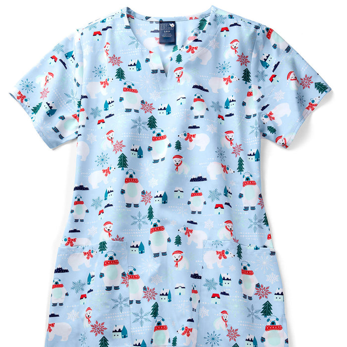 Zoe & Chloe Women's Notch Neck Print Scrub Top - Beary Merry