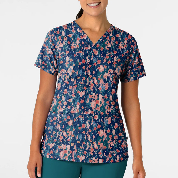 WonderWink Women's Fitted 3-Pocket V-Neck Print Scrub Top