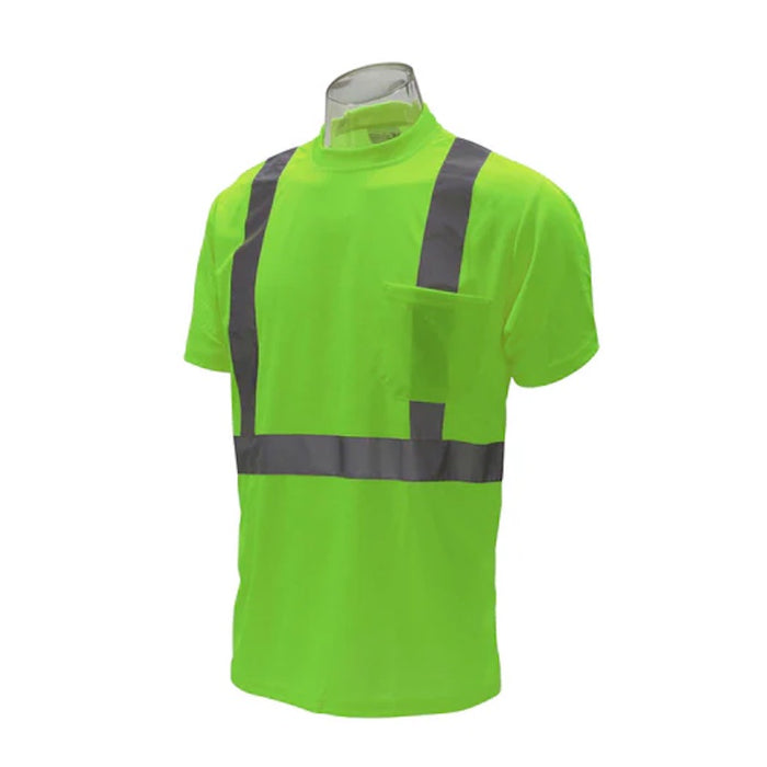 Work Force Men's Hi-Vis Short Sleeve Class 2 T-Shirt in hi-viz green with reflective stripes and chest pocket